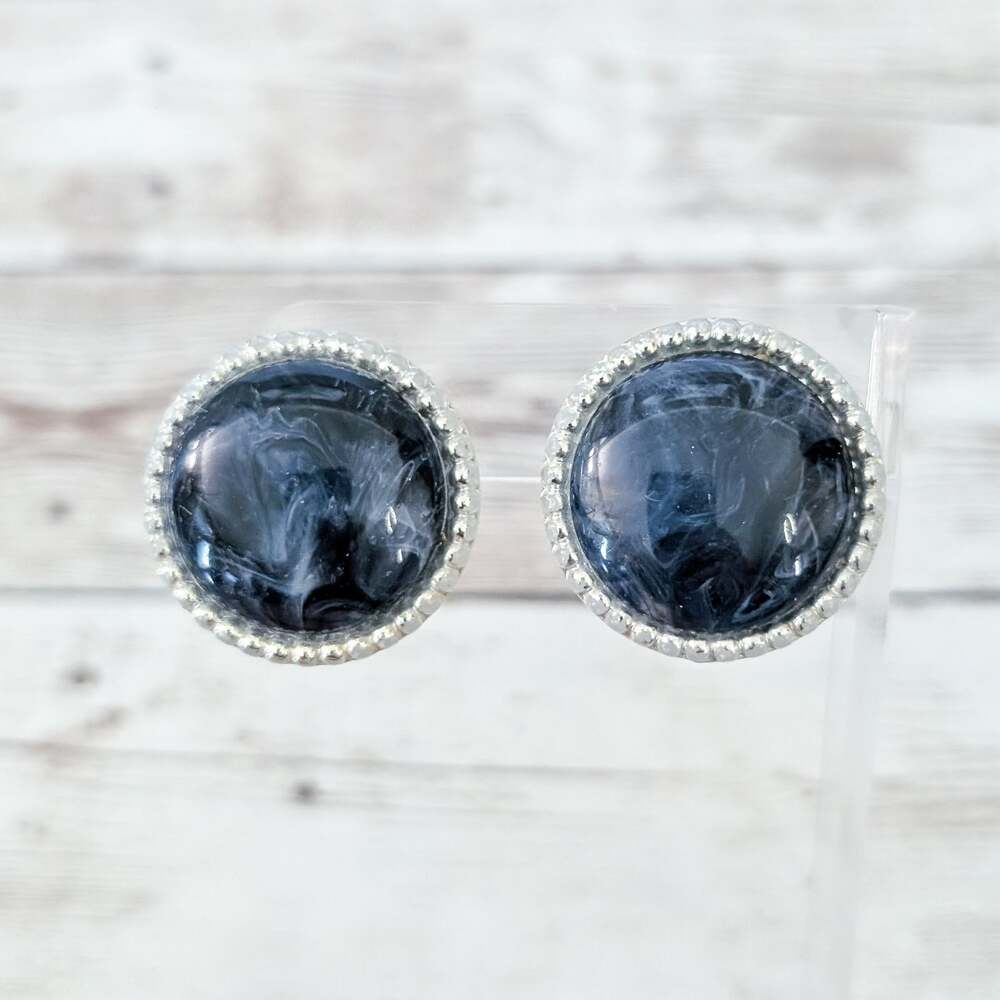 Vintage Clip On Earrings Large Dark Swirly Blue